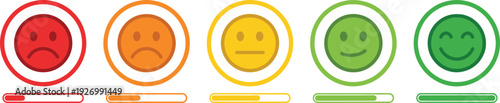 Customer satisfaction progress indicators with emoji faces showing negative to positive feedback levels for survey analytics user experience design and service quality measurement