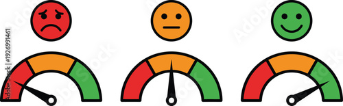 Customer satisfaction rating gauges with emoji faces showing dislike neutral like levels for feedback survey analytics user experience and performance evaluation design