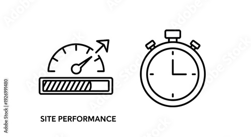 Website performance analytics and speed testing with stopwatch icon, representing quick loading times and efficient site operation