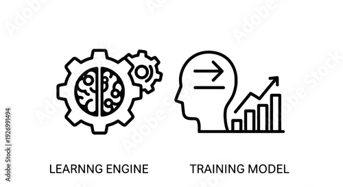 Learning engine with gears and brain, and training model with head profile and growth chart, illustrating AI development and data processing
