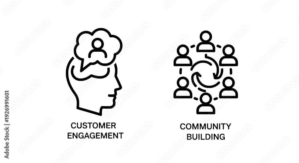 Fototapeta premium Outline icons representing customer engagement with a thought bubble and profile, and community building with interconnected people in a circle.