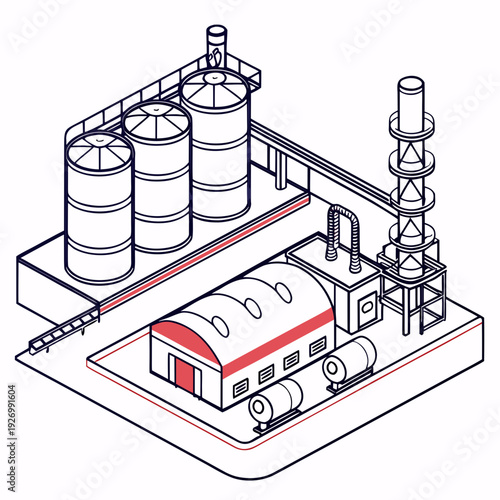 A large industrial building with tanks and a tower