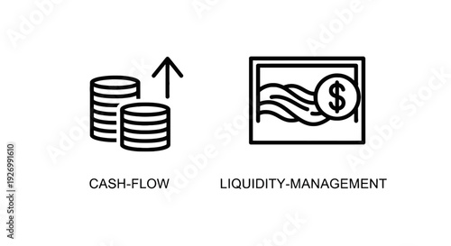 Simple line icons illustrating cash flow with stacked coins and an upward arrow, and liquidity management with a wavy money stream in a frame.