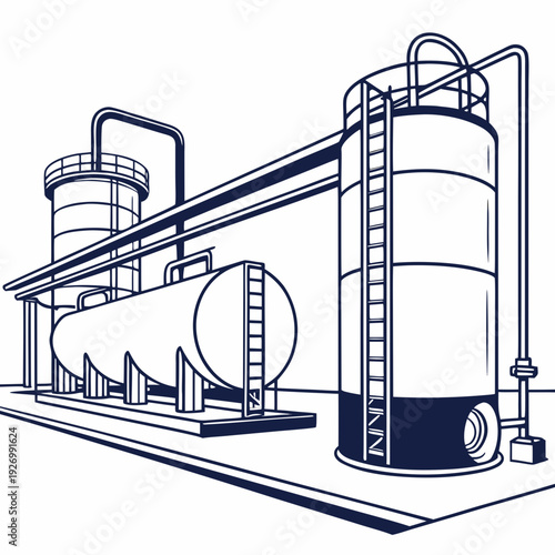 Industrial equipment with large cylindrical tanks and pipes