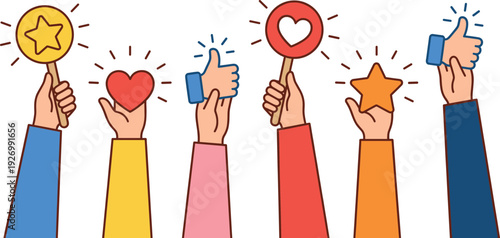 Hands holding like love and star rating icons showing positive feedback appreciation social engagement and customer satisfaction concept illustration design