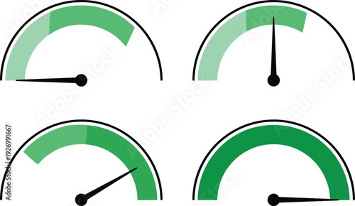 Green performance gauge meters showing increasing levels with needle positions for analytics dashboard progress tracking measurement and business success concept visual design