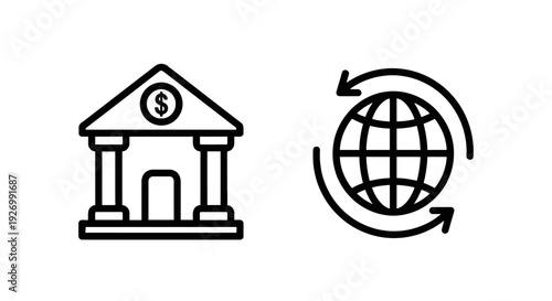 Bank building icon and global money transfer symbol, concept of finance, banking services, and international transactions, outline vector graphics