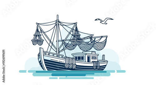 Illustration of a fishing boat with nets and a seagull flying overhead on calm waters in blue tones.