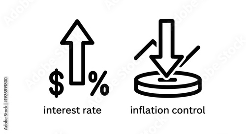 Conceptual vector graphics showing rising interest rates with dollar and percentage signs, and inflation control with a downward arrow hitting a target.