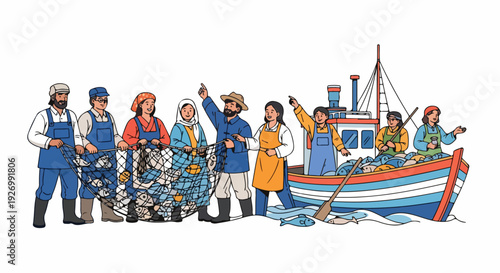 A diverse group of fishermen standing and sitting on a colorful boat with fishing nets and gear against a plain white background with a lively and vibrant mood.