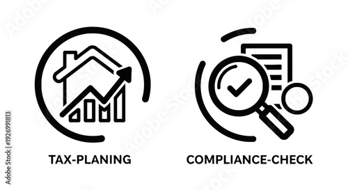 Financial icons: Tax planning with rising graph and compliance check with magnifying glass and tick mark, illustrating business and finance concepts.