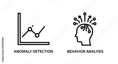 Vector icons for anomaly detection and behavior analysis: a line graph showing unusual data points and a silhouette of a head with network connections.