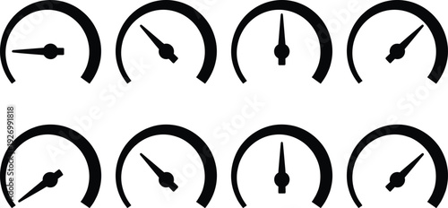 Minimal gauge meter icons set with speedometer needles showing different levels for dashboard analytics performance measurement and user interface design concept