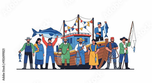 Illustration of a diverse group of people standing on and around a decorated fishing boat with a large fish catch.
