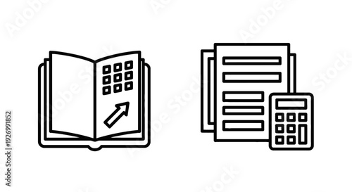 Business icons: open book with upward arrow for learning or growth, and stack of papers with calculator for accounting or financial planning.