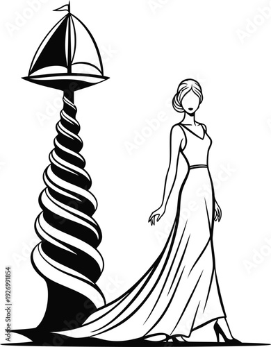 Elegant woman walking beside a spiral sculpture