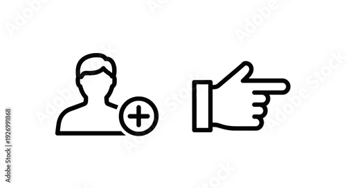 User interface icons: adding a new person with a plus symbol and a pointing hand indicating direction or next step, for web and app design.