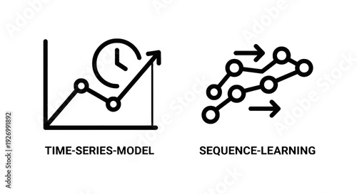Data science icons: time-series model with graph and clock, and sequence learning for AI, illustrating complex modeling and analysis for predictions.