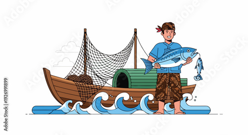 Illustration of a man holding a large fish on a traditional wooden boat with a fishing net and waves in the background.