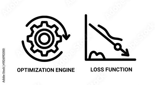 Gear icon in a rotating cycle for optimization engine, next to a downward sloping graph with arrow for loss function, symbolizing efficiency and cost reduction.