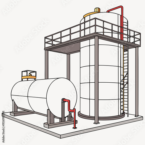 Industrial storage tanks with piping and scaffolding