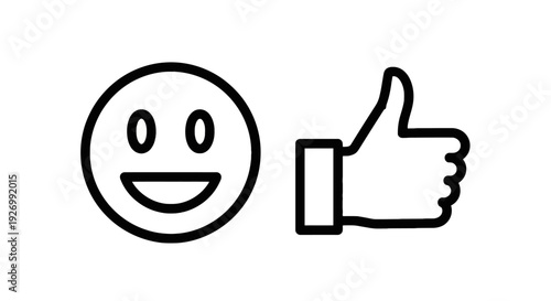 Vector illustration of a smiley face and a thumbs up icon, representing positive feedback, happiness, and approval in a clean outline style.