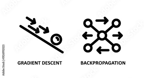Conceptual icons for 'Gradient Descent' and 'Backpropagation' in machine learning, illustrating algorithmic processes with arrows and a rolling ball.