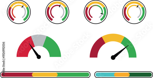 Performance rating gauges and progress bars set showing red yellow green indicators for analytics dashboard measurement user interface and business evaluation design