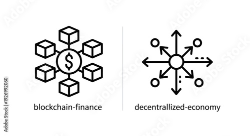 Icons symbolizing blockchain finance and a decentralized economy, featuring interconnected cubes with a dollar sign and radiating arrows indicating a distributed network.