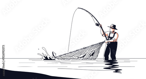 A fisherman casting a net into the water with a dynamic splash, depicted in a black and white illustration with bold lines and a plain background.
