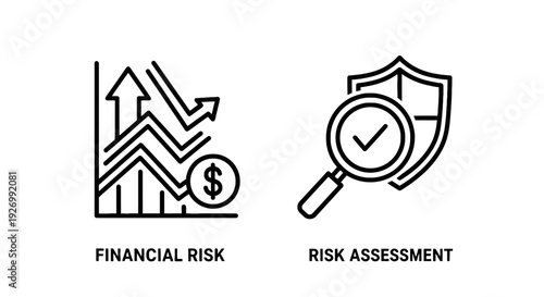 Financial Risk and Risk Assessment Icons: Analyzing Growth Charts and Security Shields with Magnifying Glass for Business and Investment Concepts