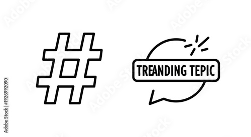 Vector icons of a hashtag symbol and a 'Trending Topic' speech bubble, representing popular subjects, social media trends, and viral content.