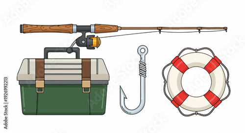 Flat lay of fishing gear including a rod, tackle box, hook, and life preserver on a white background with a colorful and organized composition.