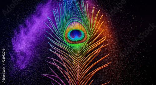 Vibrant peacock feather with colorful eye and purple orange glow on black background symbolizing beauty and elegance in nature