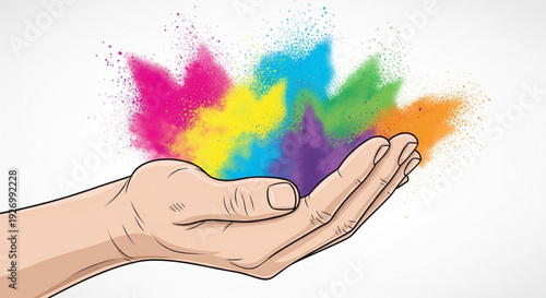 Hand releasing colorful powder explosion vibrant rainbow hues creative inspiration concept