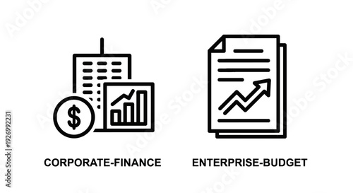 Corporate Finance and Enterprise Budget Icons Representing Business Growth and Financial Planning