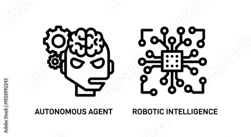 Vector illustrations of AI concepts: an autonomous agent with a robotic brain and gears, and robotic intelligence represented by a microchip with circuits. Modern line art for artificial intelligence,