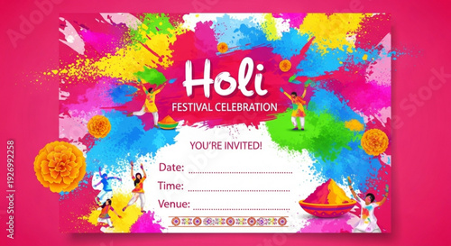Vibrant holi festival celebration invitation card with colorful paint splashes and traditional indian elements on pink background