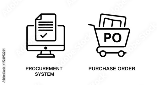 Icons representing procurement and purchase orders: a computer screen showing a checked document for a procurement system, and a shopping cart labeled 'PO' for purchase order. Vector graphics for e-co