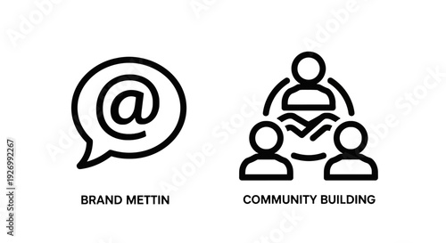 Line art icons for marketing and community building: an @ symbol in a speech bubble for brand interaction and people in a circle symbolizing community. Modern vector graphics for online engagement and
