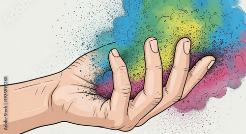 Hand releasing colorful powder particles in vibrant blue green yellow and pink hues on white background