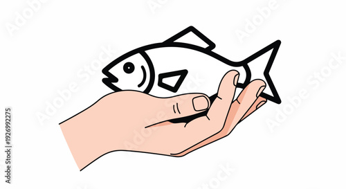 A hand holding a simple black line drawing of a fish on a white background with a minimalist style.