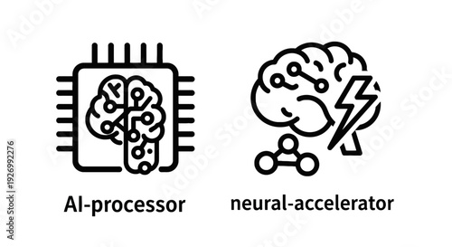 Icons representing AI processor and neural accelerator: a microchip with a brain circuit design and a brain with lightning bolts and circuits, symbolizing AI hardware and processing power. Modern vect