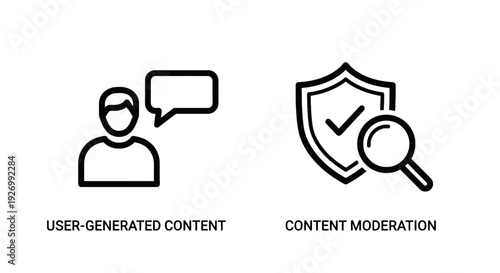 Line icons representing user-generated content and content moderation: a person with a speech bubble for user input and a shield with a magnifying glass for moderation. Modern vector graphics for onli