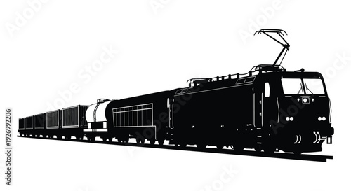 A dramatic black silhouette of a long passenger train moving along the tracks showcasing its sleek design silhouette high quality professional