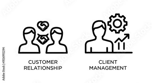 Customer relationship and client management icons illustrating partnership, handshake, teamwork, growth, and business strategy. Clean line art for corporate concepts.
