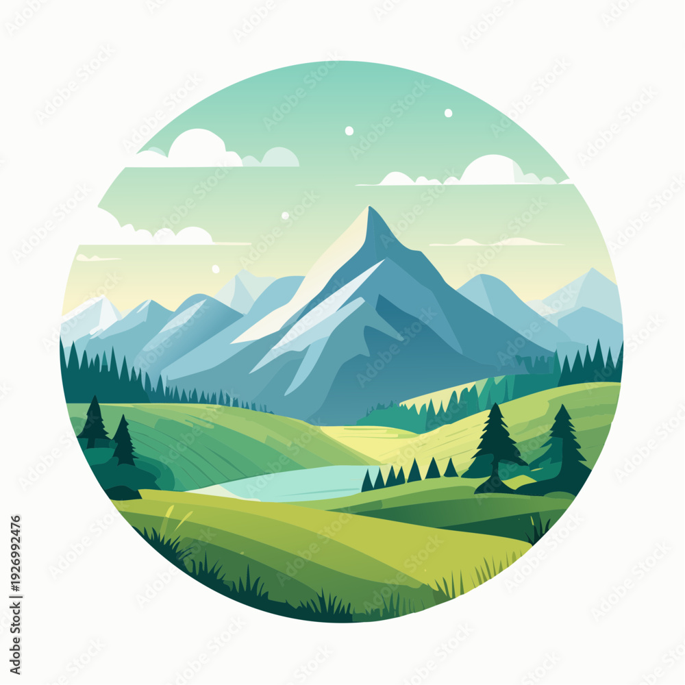 Obraz premium Serene Mountain Landscape with Lush Greenery and a Tranquil Lake Illustration