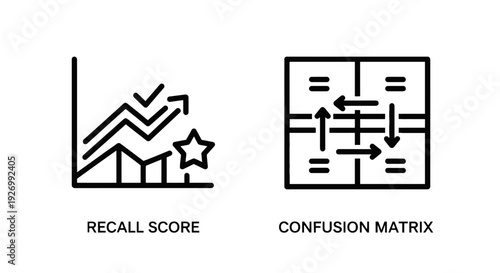 Icons of recall score with graph and star, and confusion matrix representing classification performance.
