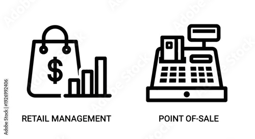 Icons representing retail management with shopping bag and bar chart, and point-of-sale system with a cash register.