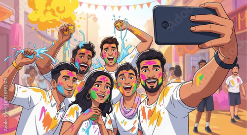 Friends taking a selfie on a colorful street during a festival with paint on their faces and clothes celebrating with joy and excitement